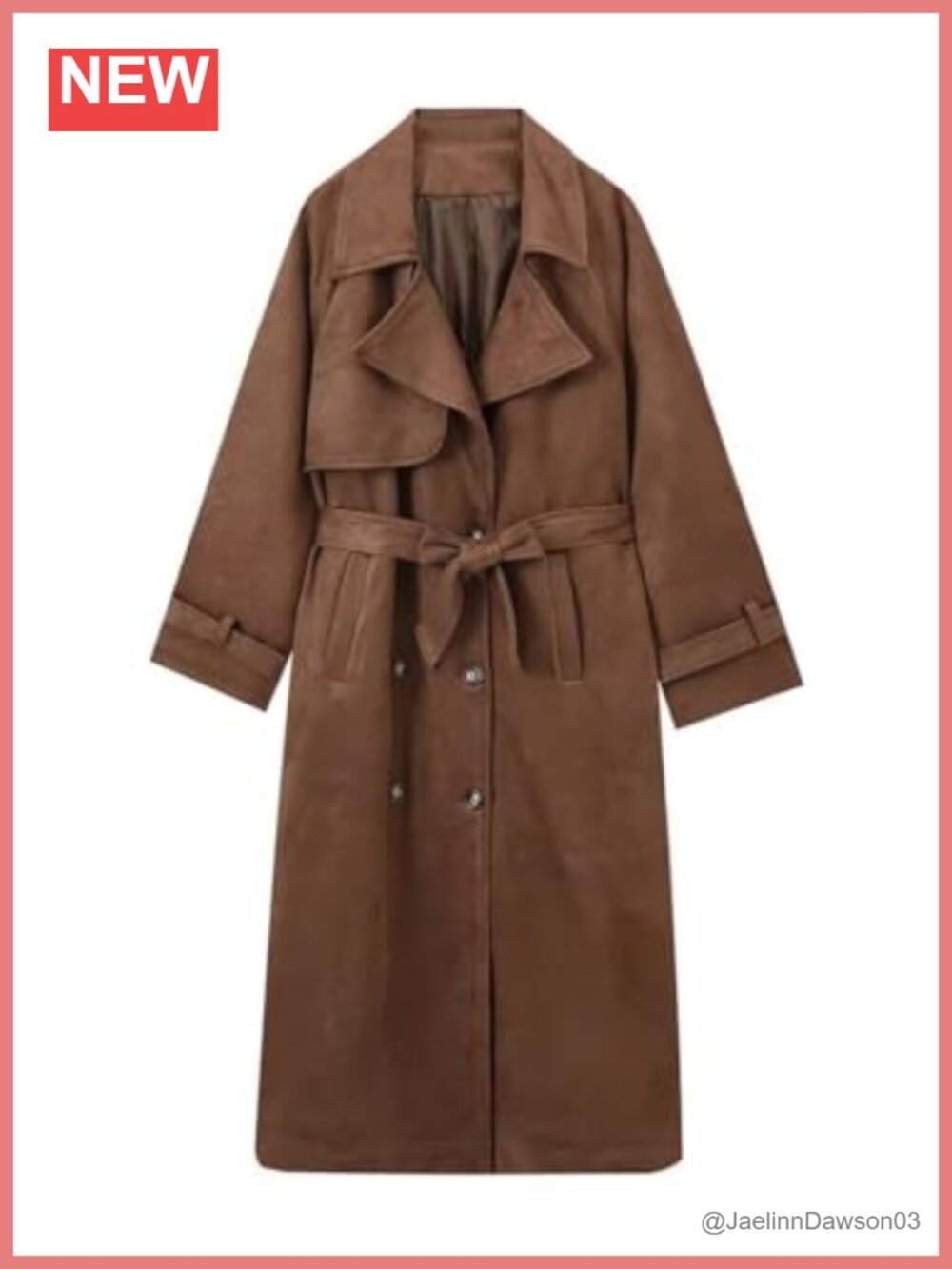 Faux Suede Trench Coat Long Double Breasted Pea Coat with Belt